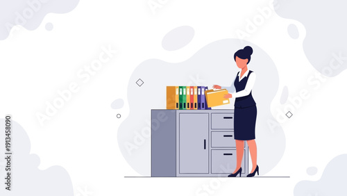 Office Woman Organizing Files and Folders on Cabinet