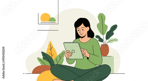 Young woman sitting cross-legged using a tablet device.