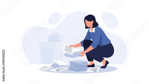 Woman Organizing Papers Stacked on Floor, Office Workflow Illustration