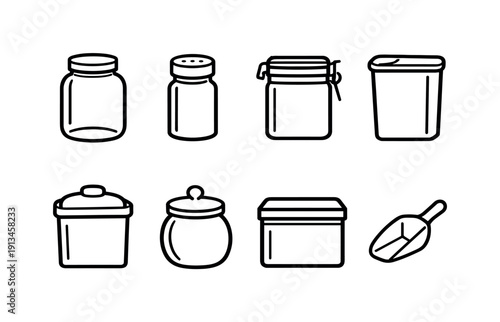 Home kitchen storage jars: glass jar, spice jar, airtight canister, cereal container, flour bin, sugar jar, storage tin, scoop spoon.
