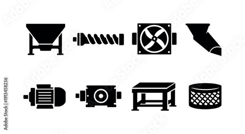 Industrial bulk solids handling system: feed hopper, screw conveyor, rotary valve, discharge chute, drive motor, gearbox unit, support frame, safety guard.