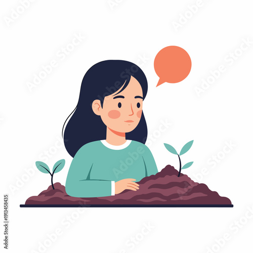 Woman Sitting in Soil with Speech Bubble