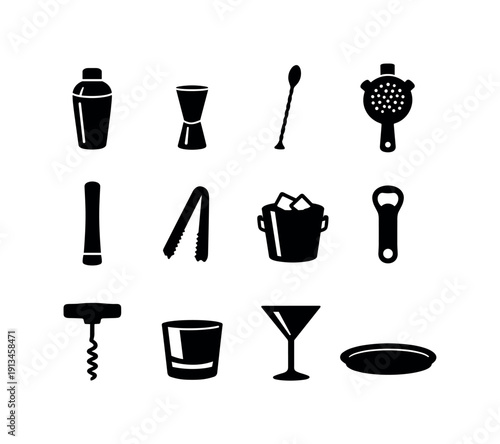 Home bar equipment: cocktail shaker, jigger, bar spoon, strainer, muddler, ice tongs, ice bucket, bottle opener, corkscrew, rocks glass, martini glass, serving tray.