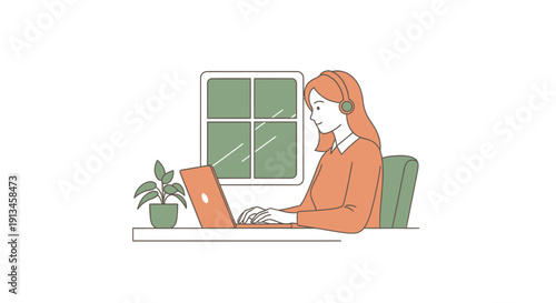 Young woman wearing headphones working on a laptop computer.