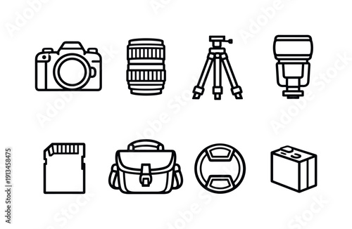 Photography equipment: camera body, camera lens, tripod, flash unit, memory card, camera bag, lens cap, battery pack.