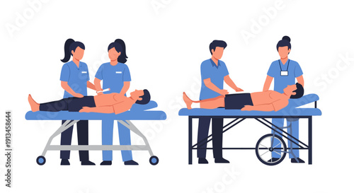 Healthcare Professionals Team Treating and Examining Male Patient on Hospital Table. Vector illustration set focusing on medical care.
