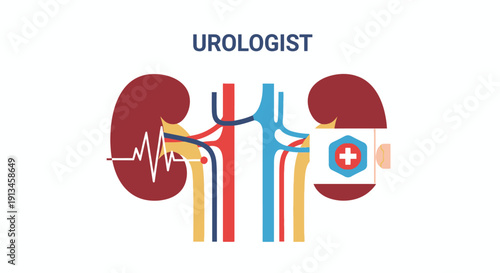 Urology Specialist Concept: Human Kidneys, Renal System Health Check, and Medical Treatment Flat Illustration.