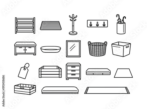 Home entryway organization items: shoe rack, shoe mat, coat rack, wall hook, umbrella stand, storage bench, key tray, mirror, storage basket, fabric bin, label tag, storage crate,