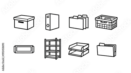 Professional office archiving items: archive box, document binder, file divider, storage crate, label holder, shelving unit, document tray, record folder.