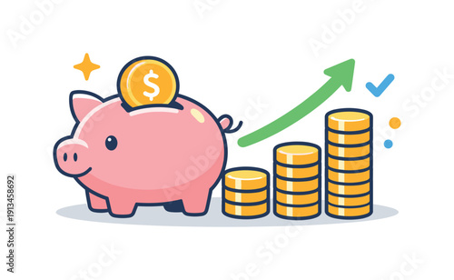 Personal financial planning and savings awareness in everyday life highlighting responsibility and foresight, a piggy bank combined with stacked coins and a simple upward arrow