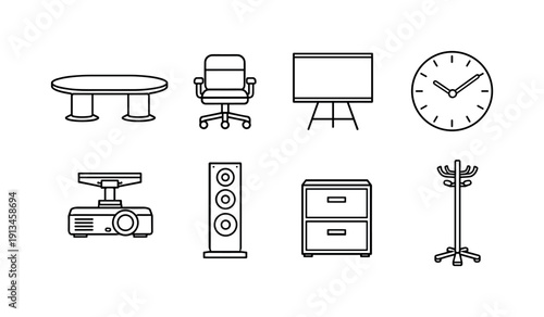 Office meeting room furniture: conference table, meeting chair, whiteboard stand, wall clock, projector mount, speaker column, document cabinet, coat rack.