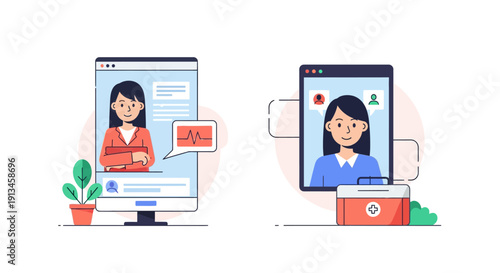 Telemedicine Illustration: Online Doctor Video Call Consultation and Remote Healthcare Service via Monitor and Mobile Screens