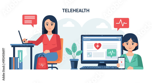 Telehealth Concept: Online Doctor Consultation, Remote Patient Care, and Digital Medicine via Video Call Illustration