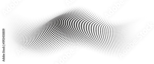 Flowing Wave Dot Halftone Pattern: Curve Gradient Shape on Transparent Background. Suitable for AI, Tech, Network, Digital, Science, and Technology Themes.