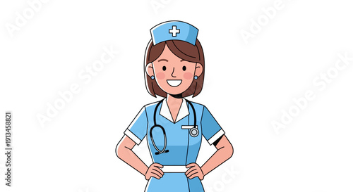 Smiling Nurse Professional Vector Illustration. Friendly Medical Staff Character in Uniform with Stethoscope.