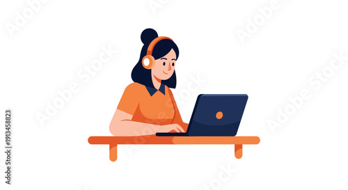 Young woman with headphones working on laptop at a desk.