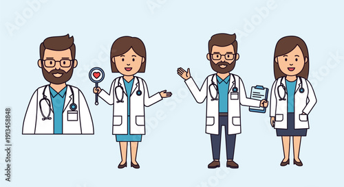 Friendly Medical Team Vector: Male and Female Doctors in White Coats. Healthcare professionals illustration for consultation, telemed, and diagnosis.
