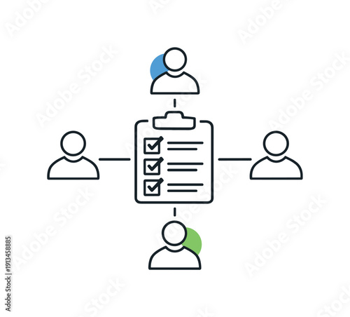 Clear team alignment and shared accountability in a collaborative business environment highlighting structure and trust, multiple user icons connected to a central checklist