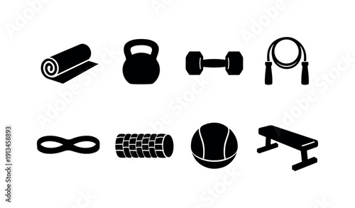 Outdoor fitness essentials: yoga mat, kettlebell, dumbbell, jump rope, resistance band, foam roller, medicine ball, workout bench.