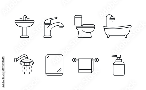 Bathroom fixtures: sink, faucet, toilet, bathtub, shower head, mirror, towel rack, soap dispenser.