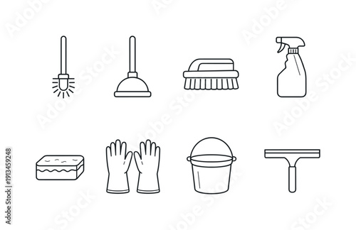Home bathroom cleaning tools: toilet brush, plunger, scrub brush, spray bottle, cleaning sponge, rubber gloves, cleaning bucket, squeegee.