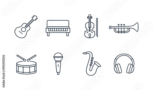 Music instruments: guitar, piano, violin, trumpet, drum, microphone, saxophone, headphones.