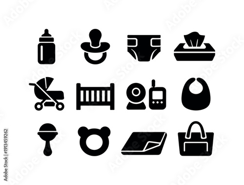 Baby care items: baby bottle, pacifier, diaper, wipes pack, stroller, crib, baby monitor, bib, rattle, teether, changing mat, diaper bag.
