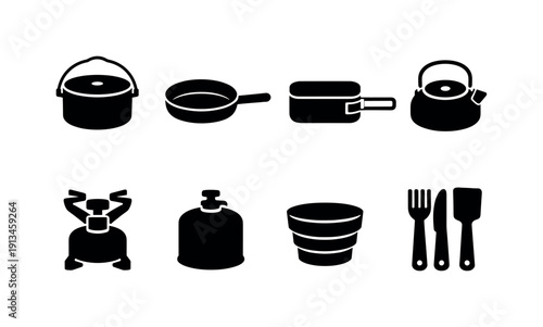 Outdoor camping cookware: camping pot, frying pan, mess tin, kettle, portable stove, fuel canister, folding cup, cooking utensil.