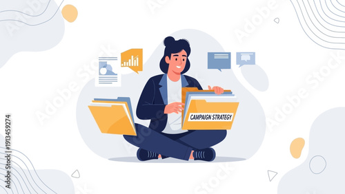 Woman organizing campaign strategy documents in folders, business planning concept