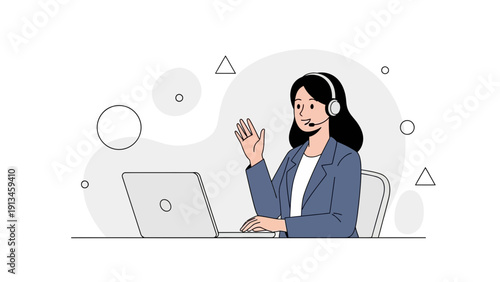 Customer Service Agent with Headset Waving Hello at Laptop Screen