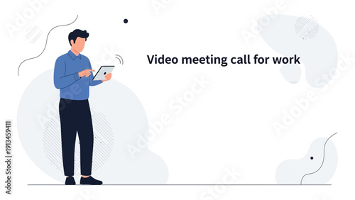 Man on video call meeting for work, using tablet, modern flat illustration