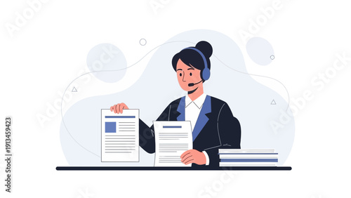 Customer Service Agent with Headset and Documents at Desk