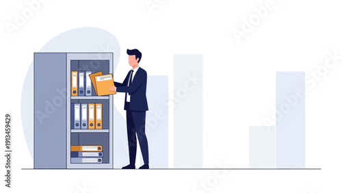 Businessman Organizing Files in Office Cabinet: Business Records Management