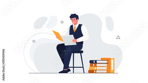 Man Sitting, Reading Book, Stacked Books, Modern Flat Illustration