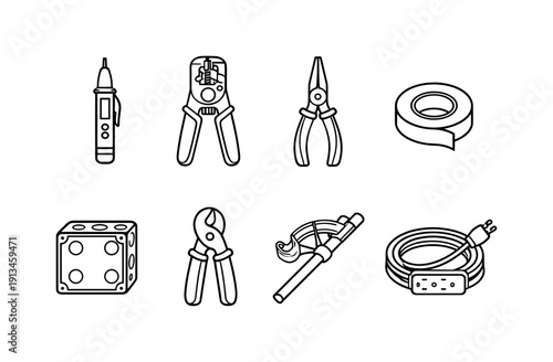 Electrical tools: voltage tester, wire stripper, needle nose pliers, electrical tape roll, junction box, cable cutter, conduit bender, extension cord.