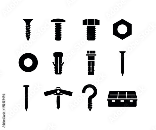 Home repair fasteners: wood screw, machine screw, bolt, nut, washer, wall plug, anchor bolt, nail, finishing nail, toggle bolt, screw hook, storage box.