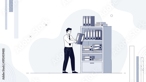 Businessman organizing files in office archive, data management and record keeping concept