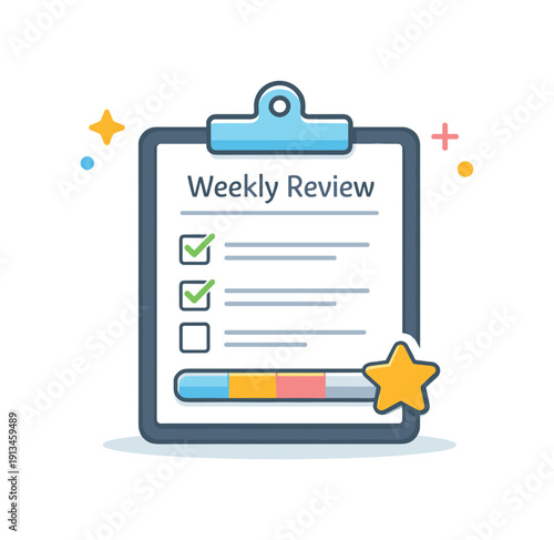 Intentional weekly goal review and progress reflection in a modern professional routine emphasizing learning and improvement, a simple clipboard paired with a progress bar and a