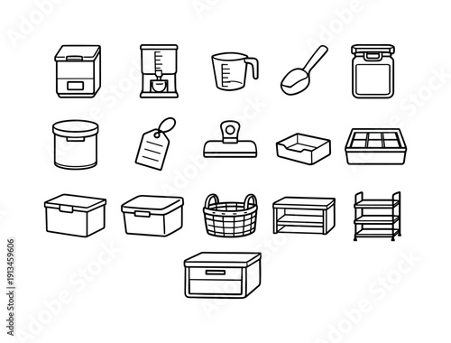 Home kitchen rice storage set: rice bin, rice dispenser, measuring cup, scoop spoon, airtight container, storage tin, label tag, clip seal, shelf bin, drawer organizer, storage box