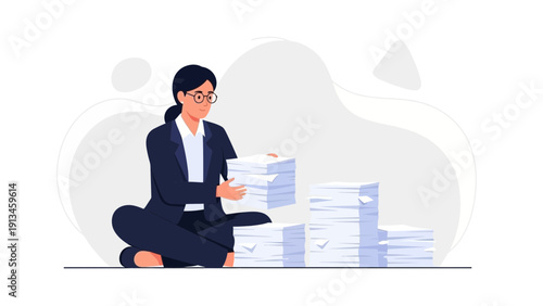 Businesswoman sitting with stacks of paper, representing workload and organization