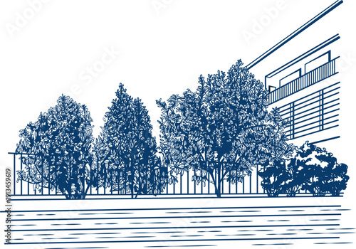 Line- art of a modern building with a balcony and horizontal window blinds beyond trees.eps