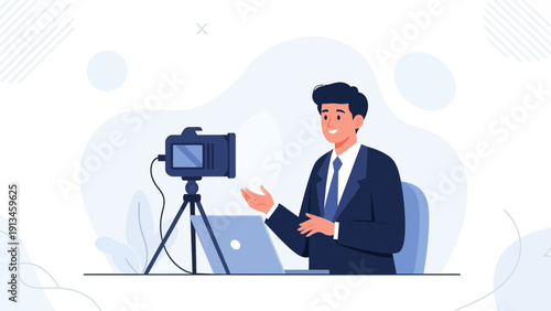 Man recording video with camera and laptop, vlogger, content creator, online presentation