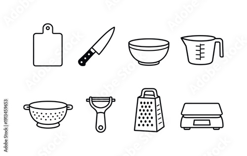 Home kitchen food prep tools: cutting board, chef knife, mixing bowl, measuring cup, colander, peeler, grater, kitchen scale.