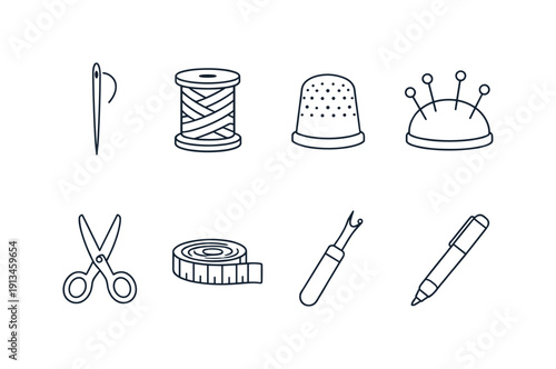 Hand sewing tools: needle, thread spool, thimble, pin cushion, scissors, measuring tape, seam ripper, fabric marker.