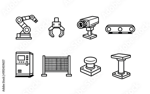 Industrial robotic assembly line equipment: robotic arm, end effector, conveyor belt, vision camera, control cabinet, safety fence, emergency stop button, mounting pedestal.
