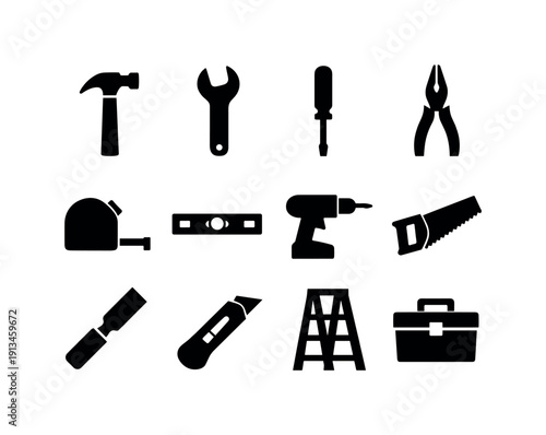 Construction tools: hammer, wrench, screwdriver, pliers, tape measure, level, drill, saw, chisel, utility knife, ladder, toolbox.