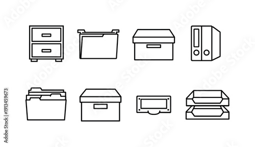 Office filing supplies: filing cabinet, hanging folder, document box, ring binder, file divider, archive box, label holder, paper tray.
