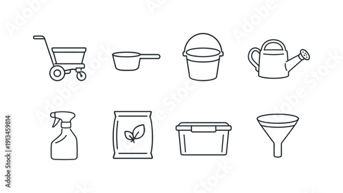 Garden plant fertilizing tools: fertilizer spreader, measuring scoop, mixing bucket, watering can, spray bottle, fertilizer bag, storage bin, garden funnel.