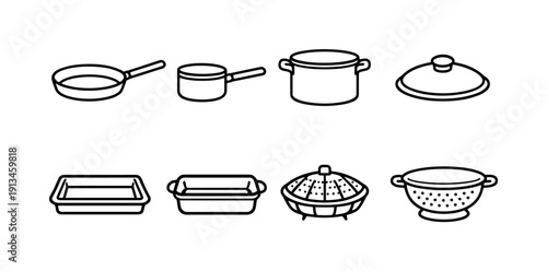 Home kitchen cookware essentials: frying pan, saucepan, stockpot, lid, baking tray, roasting dish, steamer basket, colander.