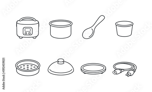 Kitchen rice cooking tools: rice cooker, inner pot, rice scoop, measuring cup, steam tray, lid, warming plate, power cord.